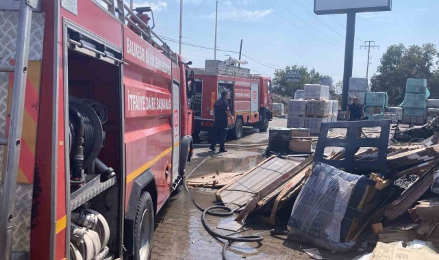 Ayvalık'ta otların tutuşmasıyla başlayan yangın seramik deposuna sıçradı