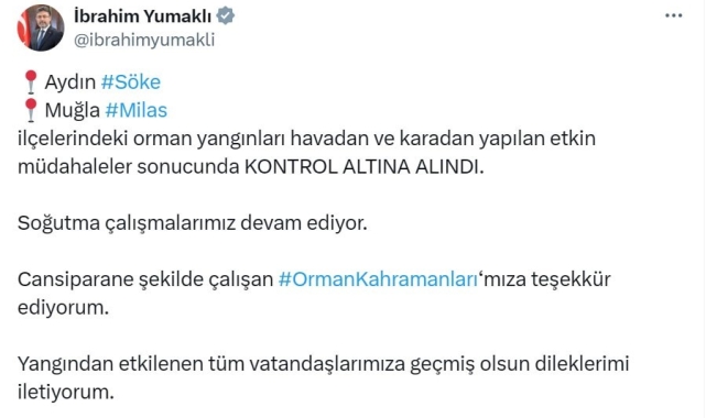 Bakan Yumaklı'dan orman kahramanlarına teşekkür