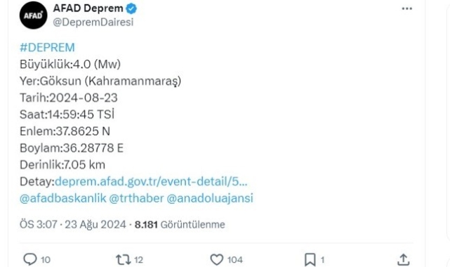 Kahramanmaraş'ta 4 büyüklüğünde deprem