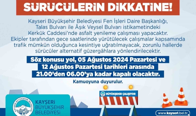 Kerkük caddesinde asfalt yenileme çalışması yapılacak