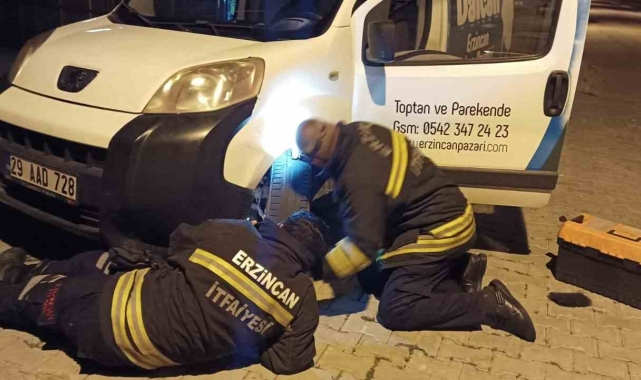 Otomobilin kaputuna giren kediyi itfaiye kurtardı