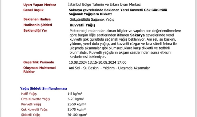 Sakarya Valiliği sağanağa karşı uyardı