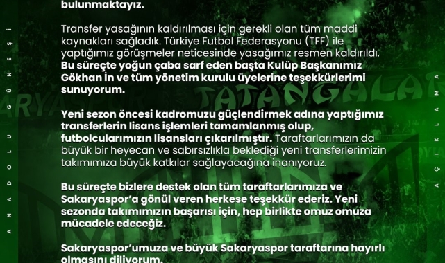 Sakaryaspor'un transfer yasağı resmen kalktı