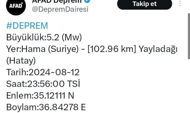Suriye'deki 5,2'lik deprem Hatay'da hissedildi