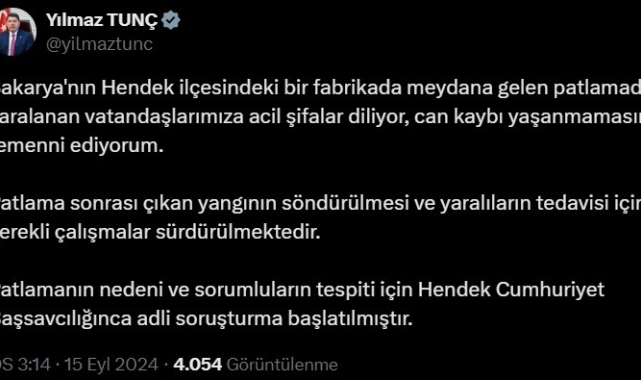 Adalet Bakanı Tunç: "Patlamanın sebebi ve sorumluların tespiti için adli soruşturma başlatılmıştır"