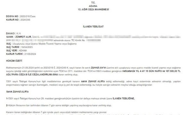 Hükümlüye hapis kararı ilanla tebliğ edildi