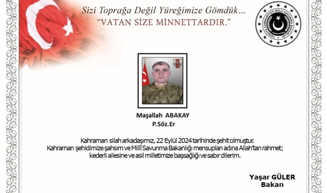 Pençe Kilit Operasyon Bölgesi'nde Piyade Sözleşmeli Er Maşallah Abakay şehit oldu