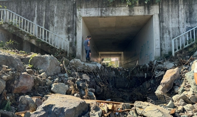 Taşkın ve heyelan meydana gelen Araklı'da temizlik çalışmaları sürüyor