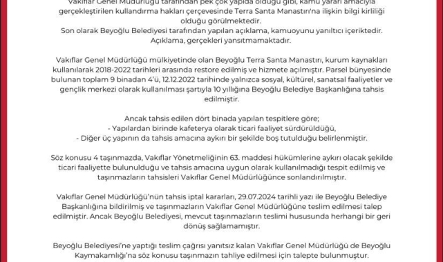 Vakıflardan 'Terra Santa Manastırı'na ilişkin açıklama