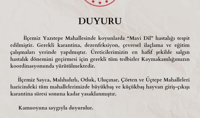 Adana'da bir mahalleye 'mavi dil' karantinası