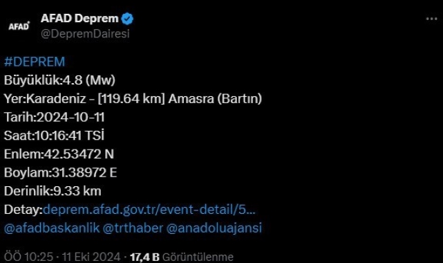 Bartın açıklarında 4,8 büyüklüğünde deprem