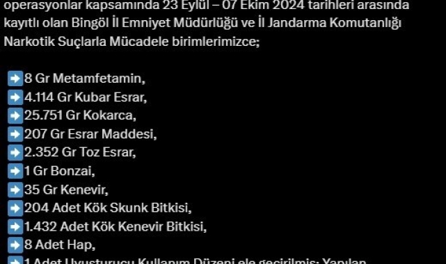 Bingöl'de son bir haftanın asayiş verileri açıklandı: 28 gözaltı, 2 tutuklama