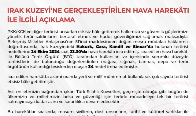 Irak'ın kuzeyine hava harekatı: 34 hedef imha edildi