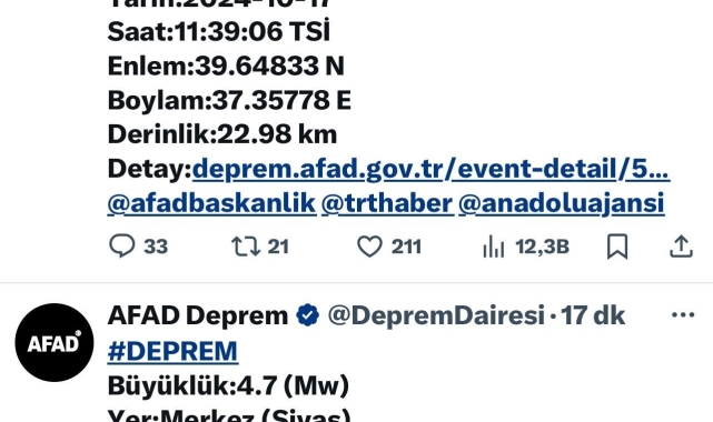 Sivas'ta on dakika arayla iki deprem