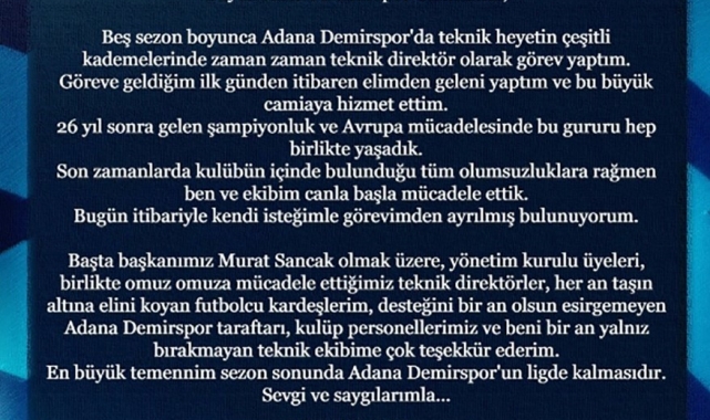 Adana Demirspor'da Serkan Damla dönemi sona erdi