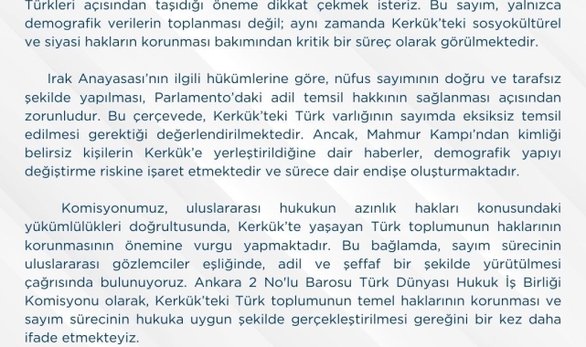 Ankara 2 No'lu Barosu'ndan Kerkük'te yapılacak nüfus sayımına ilişkin açıklama