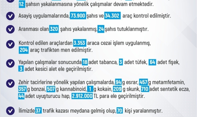 Elazığ'da son bir haftada 254 olay meydana geldi, 250 şahıs yakalandı