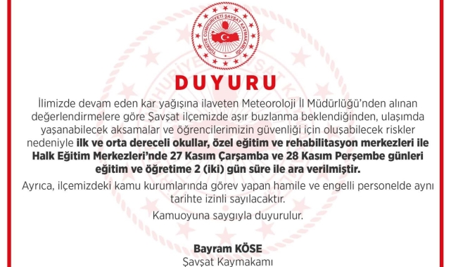 Şavşat'ta eğitime kar tatili: 2 gün ara verildi