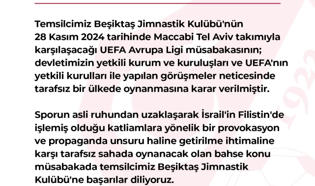 TFF'den Beşiktaş - Maccabi Tel Aviv maçı hakkında açıklama