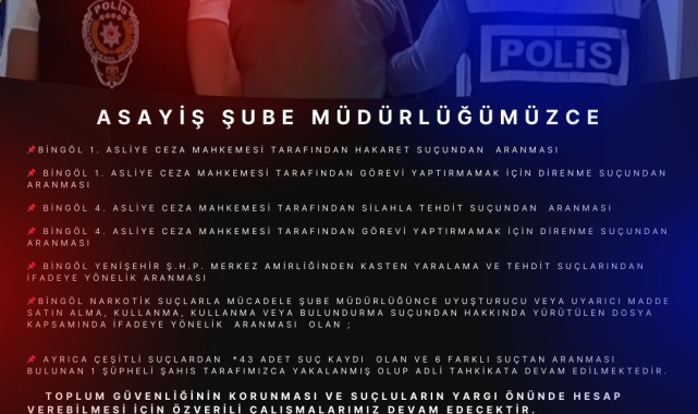 Bingöl'de 43 adet suç kaydı bulunan şüpheli yakalandı