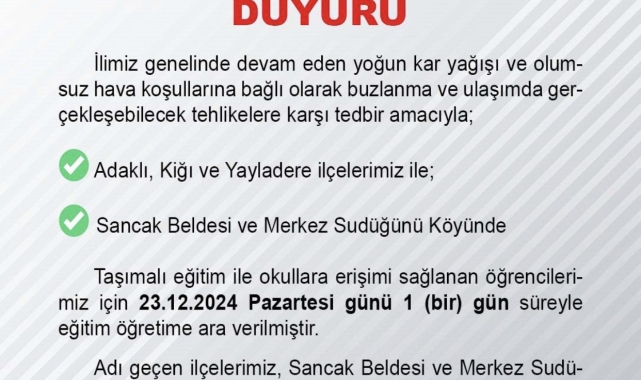 Bingöl'ün üç ilçesinde taşımalı eğitime 1 gün ara verildi
