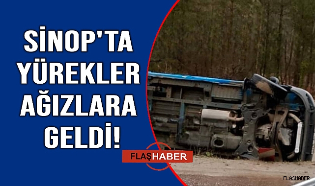 Sinop'ta kontrolden çıkan kargo aracı yan yattı