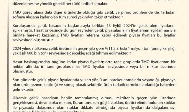TMO: "Çeltiğin piyasa fiyatlarında dalgalanmayı gerektirecek bir durum bulunmamaktadır"