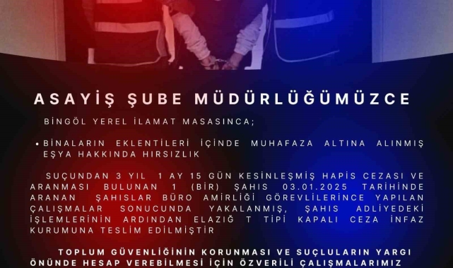 Bingöl'de hakkında 3 yıl kesinleşmiş hapis cezası bulunan şahıs yakalandı