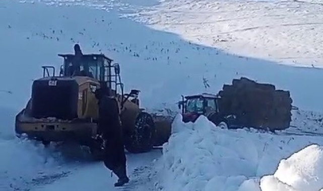 Tekman'da ot yüklü traktör iş makinası desteğiyle kurtarıldı