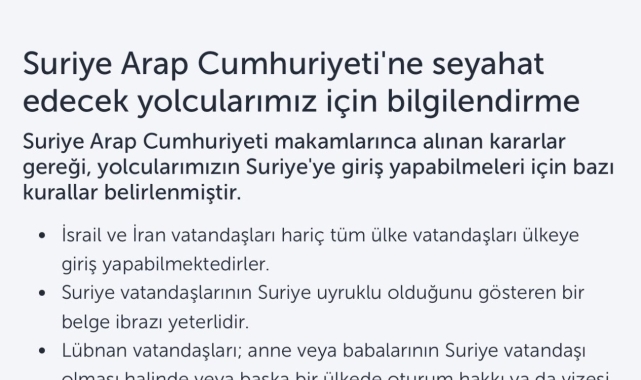 THY, Suriye'ye İran ve İsrail vatandaşlarını taşımayacak