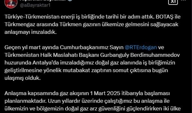 Bakan Bayraktar: "Türkiye-Türkmenistan enerji iş birliğinde tarihi bir adım attık"