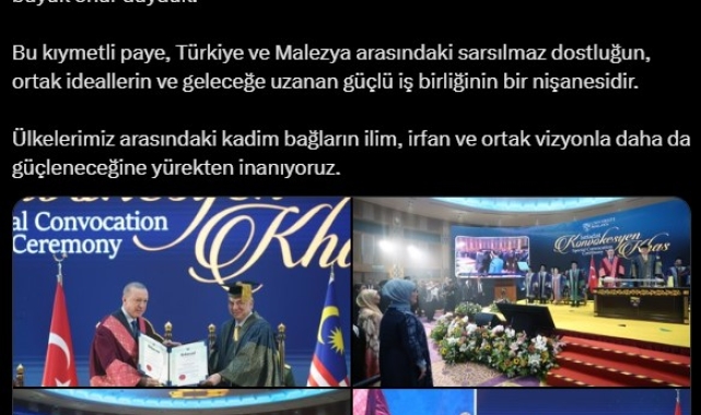 Emine Erdoğan'dan, Cumhurbaşkanı Erdoğan'a Malezya'da fahri doktora beratı tevdi edilmesine ilişkin paylaşım: