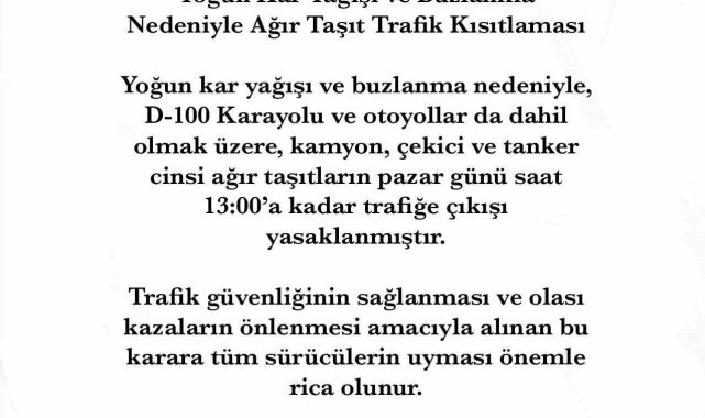 Sakarya'da ağır taşıt cinsi araçların otoyol ve D-100'e çıkışı yasaklandı