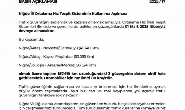 Niğde&#039;de Ortalama Hız Tespit Sistemi devreye girdi