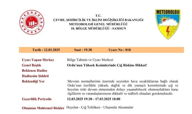 Ordu'nun yüksek kesimlerinde "çığ riski" uyarısı