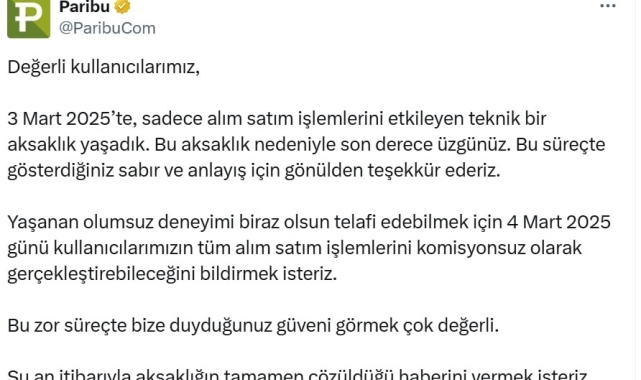 Paribu'dan alım satım işlemlerindeki 10 saatlik aksamaya ilişkin açıklama