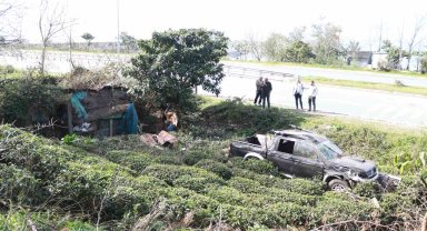 Rize'de yol vermek isteyen kamyonet çay bahçesine uçtu