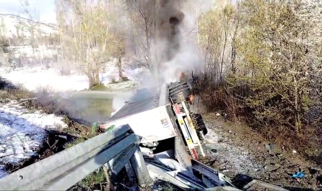 Kontrolden çıkıp devrilen tır alev aldı, sürücü hayatını kaybetti