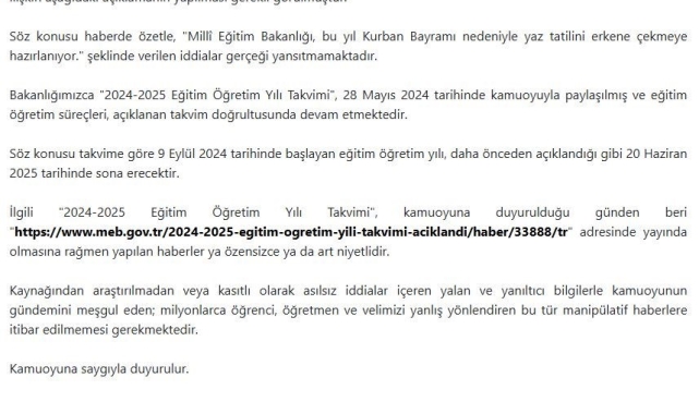 MEB'den erken yaz tatili iddialarına yalanlama