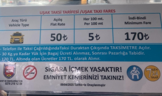 Uşak'ta taksi indi-bindi ücreti 170 TL oldu