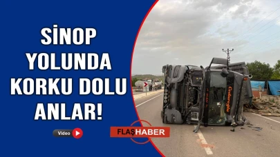 Virajı alamayan odun yüklü tır devrildi