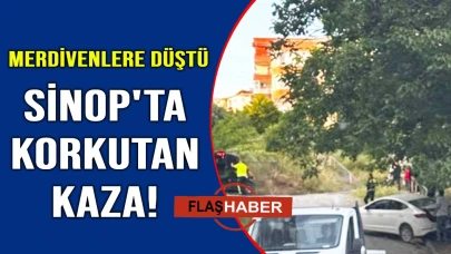 Sinop'ta yokuş çıkan otomobil yol kenarındaki merdivenlere girdi