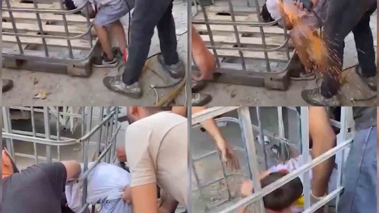 Kafesin parmaklıklarına sıkışan çocuk, demir kesilerek kurtarıldı