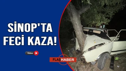 Sinop'ta virajı alamayan araç ağaca çarptı