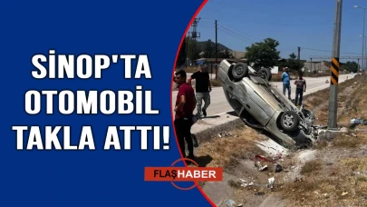 Sinop'ta direğe çarpan otomobil takla attı