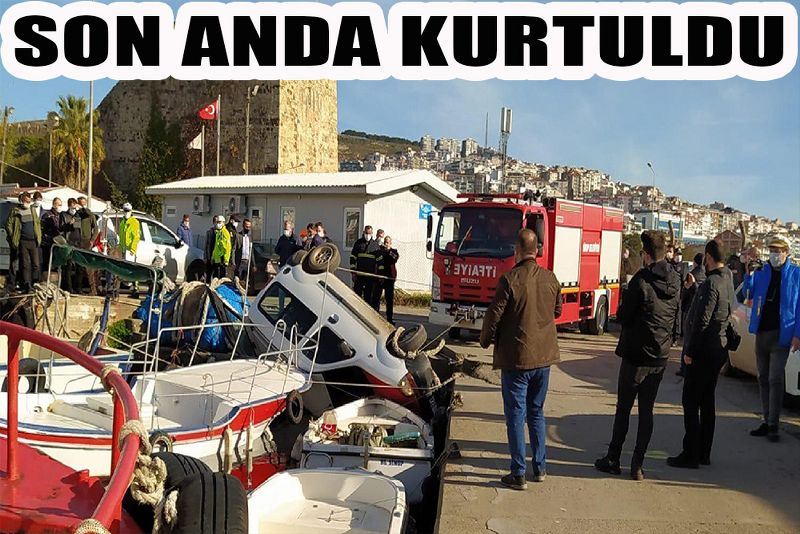 KONTROLDEN ÇIKAN ARAÇ DENİZE DÜŞMEKTEN SON ANDA KURTULDU