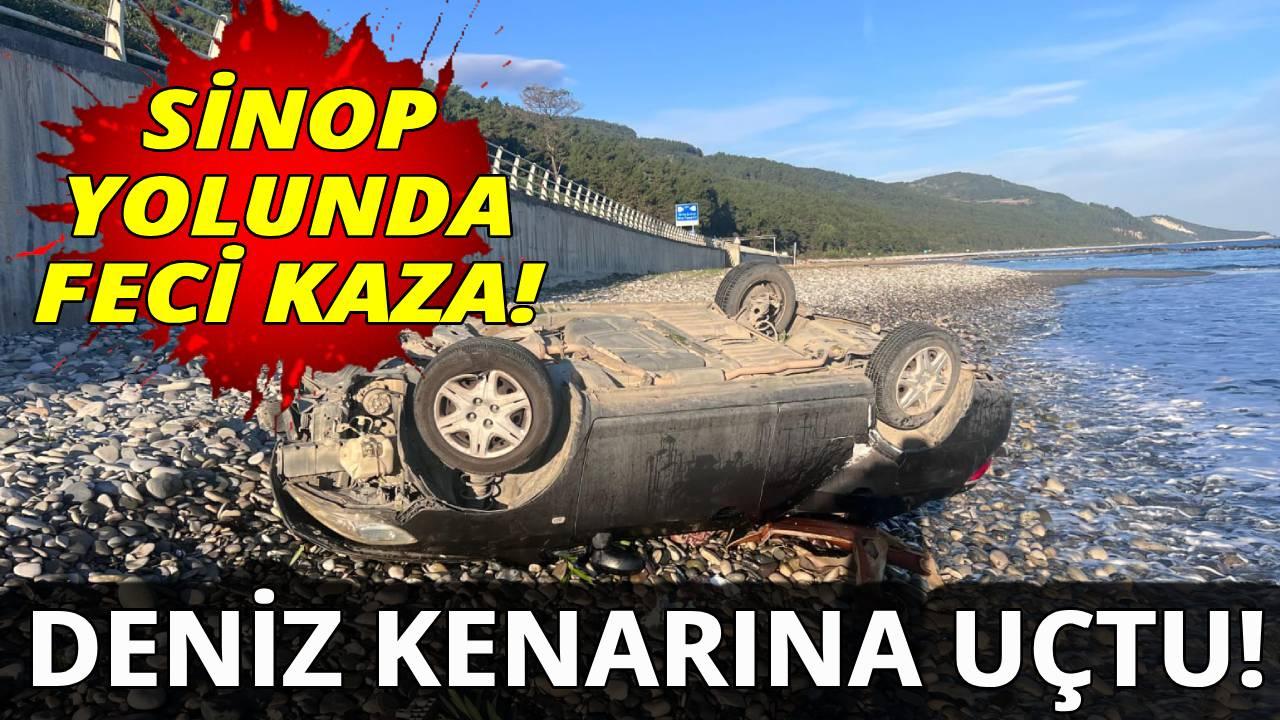 Sinop yolunda kontrolden çıkana otomobil deniz kenarına devrildi