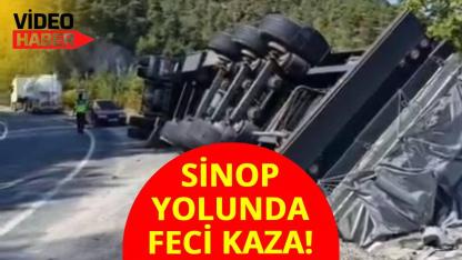 Sinop yolunda tır devrildi, sürücü yaralandı