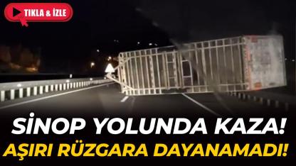 Şiddetli rüzgara dayanamayan tır yan yattı