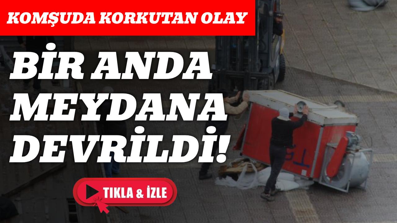 Tırdan indirilen havalandırma ünitesi devrildi